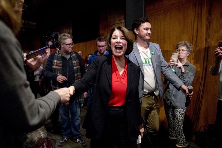 Democratic presidential candidate Sen. Amy Klobuchar, D-Minn., arrives at a campaign stop at Jethro&#039;s BBQ Steak n&#039; Chop, Sunday, Jan. 26, 2020, in Ames, Iowa. (AP Photo/Andrew Harnik)
Amy Kl ...