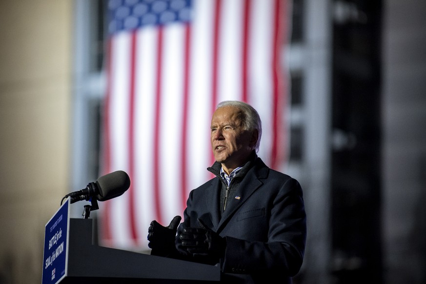 Democratic presidential candidate and former Vice President Joe Biden speaks during a drive-in rally outside of Heinz Field on Pittsburgh&#039;s North Shore, Monday, Nov. 2, 2020. (Alexandra Wimley/Pi ...
