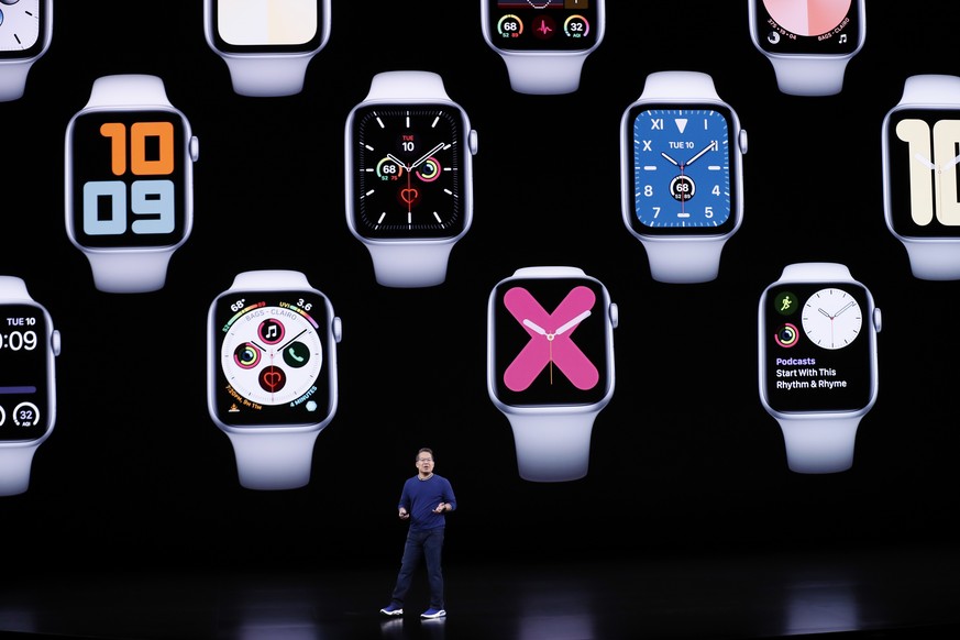 epaselect epa07833087 Apple Vice President Product Marketing, Apple Watch, Stan Ng speaks during the Apple Special Event in the Steve Jobs Theater at Apple Park in Cupertino, California, USA, 10 Septe ...