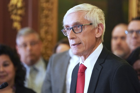 FILE - In this Feb. 6, 2020 file photo, Wisconsin Gov. Tony Evers holds a news conference in Madison, Wis. Wisconsin Democratic Gov. Tony Evers&#039; administration is moving ahead with plans to buy 1 ...