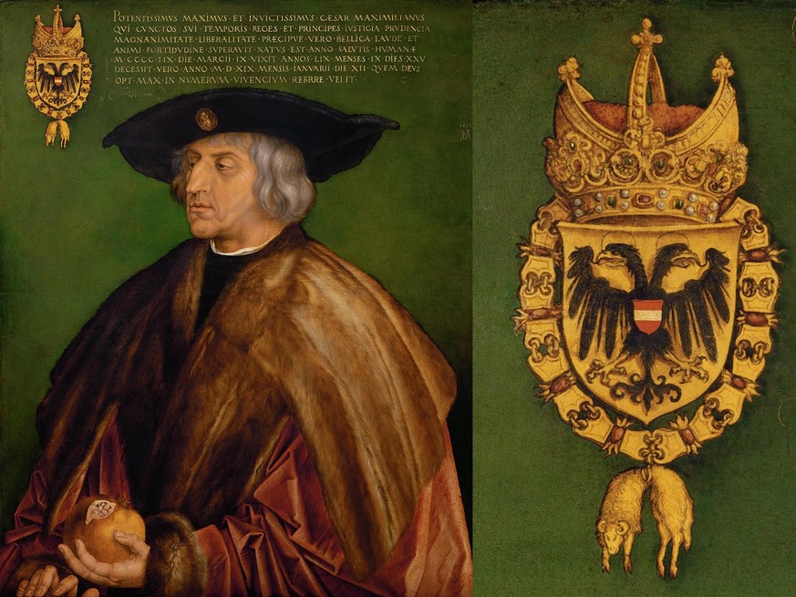 Kaiser Maximilian I., 1519, gemalt von Albrecht Dürer. Rechts das vergrösserte Wappen.
https://www.khm.at/de/object/5d44ee6f2c/