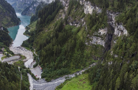The Parlitobel canyon is pictured in Vaettis, Switzerland, Thursday, August 13, 2020. Swiss authorities say three Spanish tourists on a canyoning tour have died and one is missing after a heavy storm. ...