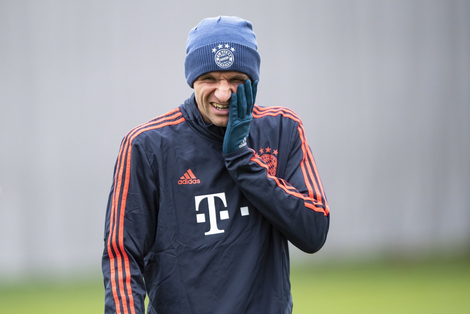 epa07973892 Bayern&#039;s Thomas Mueller reacts during a training session at the Club&#039;s training ground in Munich, Germany, 05 November 2019. Bayern Munich will face Olympiacos Piraeus? in their  ...