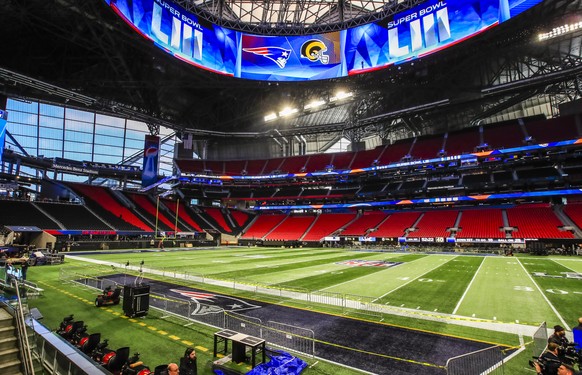epa07330414 The view inside Mercedes-Benz Stadium as preparations for Super Bowl LIII continue in Atlanta, Georgia, USA, 29 January 2019. The New England Patriots will face the Los Angeles Rams on 03  ...