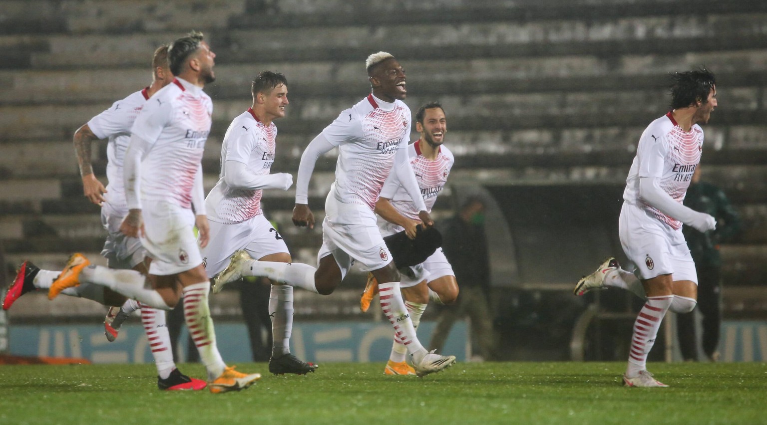 Rio Ave FC v AC Milan Europa League 01/10/2020. Qualifying Round Milan players celebrate their victory after the penalty shoot-out during the Europa League match between Rio Ave FC and AC Milan at Est ...