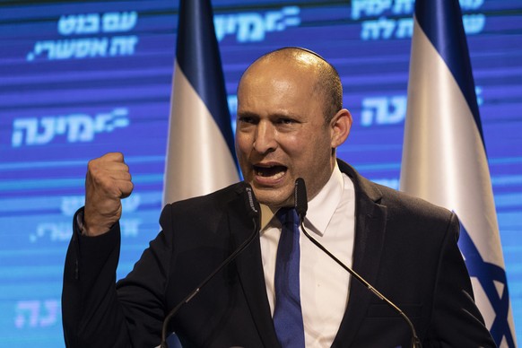 Israeli politician Naftali Bennett, leader of the right wing &#039;New Right&#039; party, speaks to his supporters after first exit poll results for the Israeli Parliamentary election at his party&#03 ...