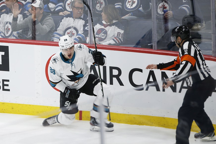 San Jose Sharks&#039; Timo Meier (28) celebrates his goal against the Winnipeg Jets during the third period of an NHL hockey game Friday, Feb. 14, 2020, in Winnipeg, Manitoba. (John Woods/The Canadian ...
