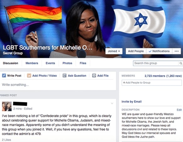 Post unten: «Ich habe viel ‹confederate pride› in dieser Gruppe bemerkt, die klar und deutlich der Feier aller Queer-Unterstützer von Michelle Obama, Judaismus und gemischtrassigen Ehen gewidmet ist.  ...