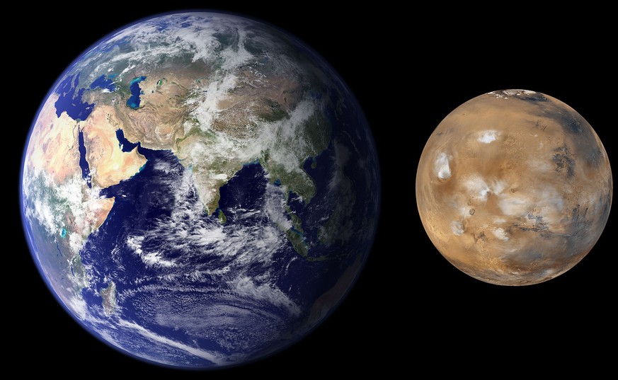 Grössenvergleich Mars – Erde
https://de.wikipedia.org/wiki/Mars_(Planet)#/media/File:Mars_Earth_Comparison_2.jpg