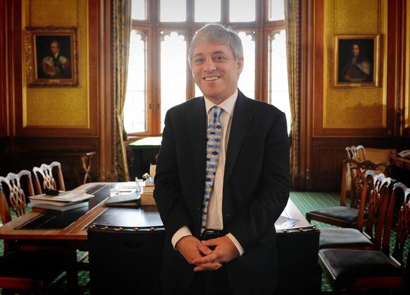FILE - In this Tuesday June 23, 2009 file photo, the new Speaker of the British House of Commons, John Bercow, is seen at his office, at the House of Commons in Westminster, London, one day after he w ...