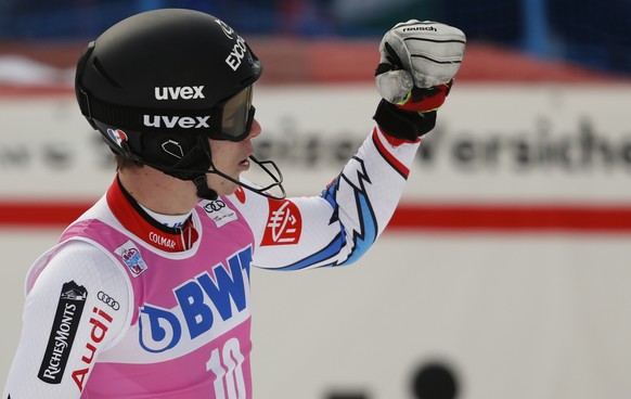 France&#039;s Clement Noel celebrates in the finish area after winning an alpine ski, men&#039;s World Cup slalom in Wengen, Switzerland, Sunday, Jan. 20, 2019. (AP Photo/Gabriele Facciotti)