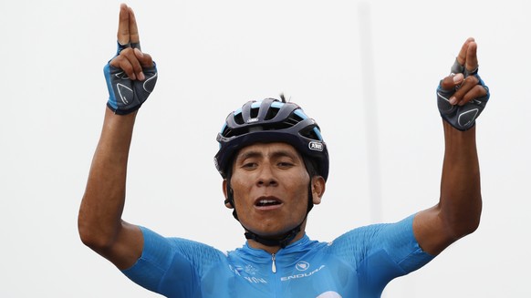 Colombia&#039;s Nairo Quintana celebrates as he crosses the finish line to win the seventeenth stage of the Tour de France cycling race over 65 kilometers (40.4 miles) with start in Bagneres-de-Luchon ...