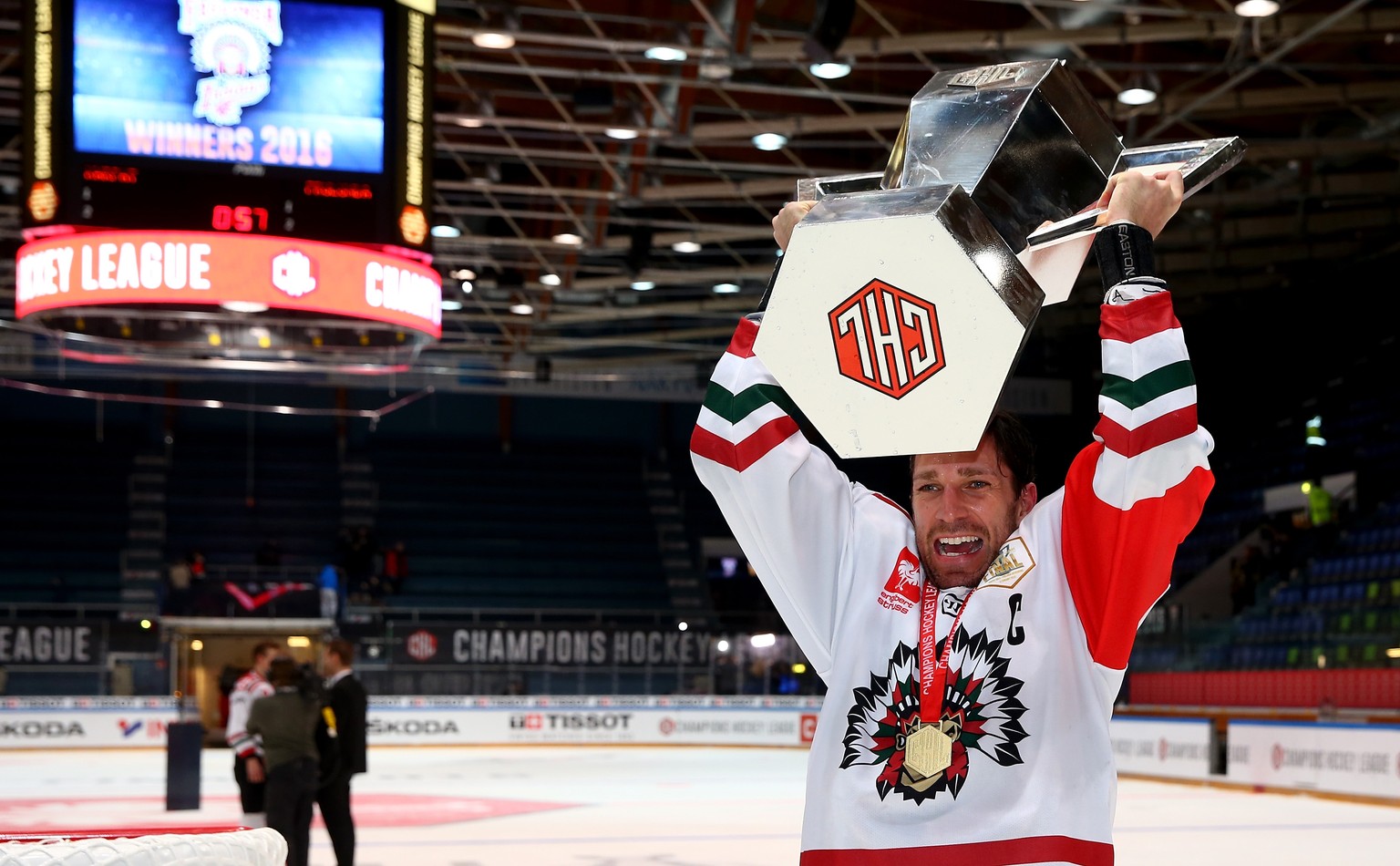 OULU, FINLAND - FEBRUARY 09: Joel Lundqvist of Gothenburg lifts the trophy after winning the Champions Hockey League final game between Karpat Oulu and Frolunda Gothenburg at Oulun Energia-Areena on F ...