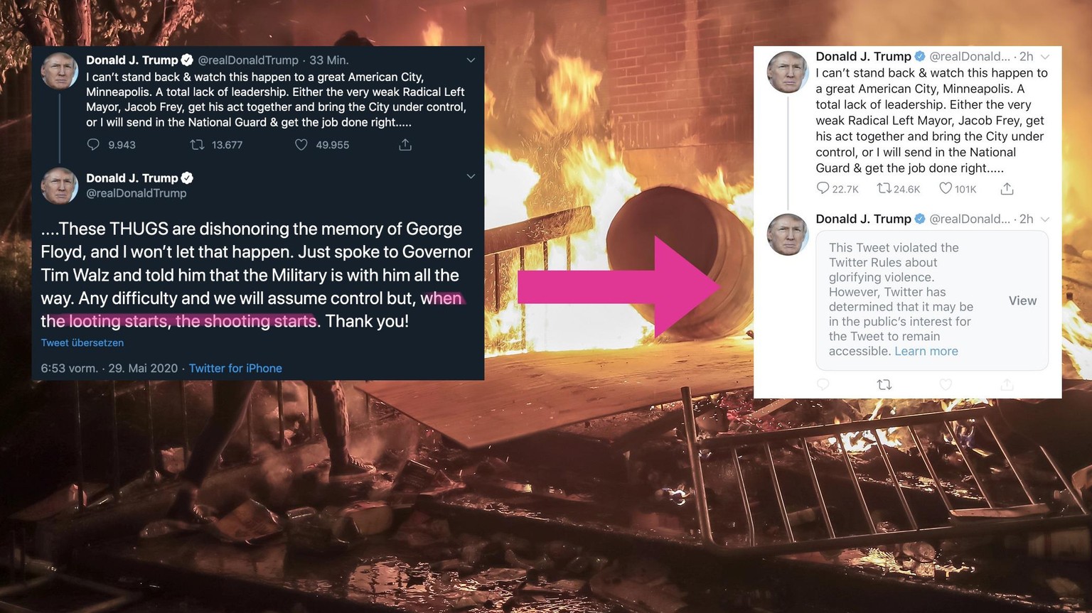 Twitter deklariert am 29. Mai einen Tweet von US-Präsident Donald Trump als gewaltverherrlichend.