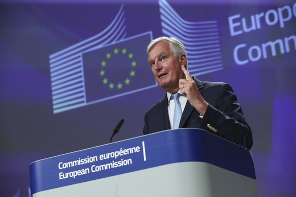 European Union chief Brexit negotiator Michel Barnier speaks during a media conference after Brexit trade talks between the EU and the UK, in Brussels, Friday, Aug. 21, 2020. (Yves Herman, Pool Photo  ...