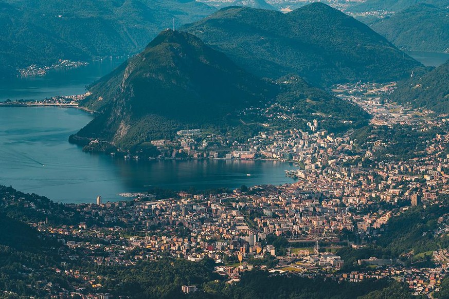 Lugano, Switzerland. Aerial view of the Lugano region as seen from Monte Bar.