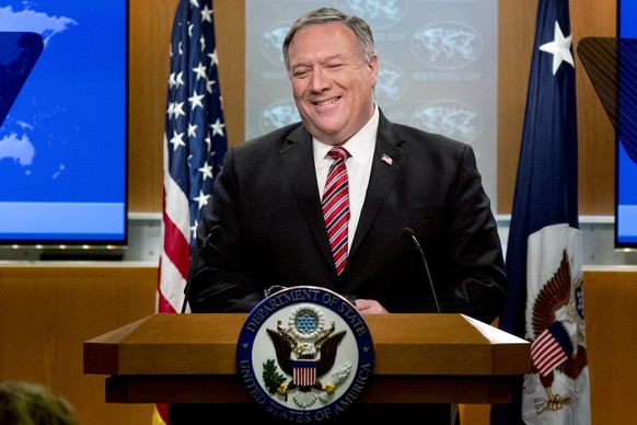 Secretary of State Mike Pompeo smiles during a news conference at the State Department, Wednesday, April 29, 2020, in Washington. (AP Photo/Andrew Harnik, Pool)