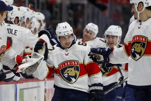 Florida Panthers center Denis Malgin (62) celebrates his empty-net goal against the Detroit Red Wings during the third period of an NHL hockey game Saturday, Jan. 18, 2020, in Detroit. Florida won 4-1 ...