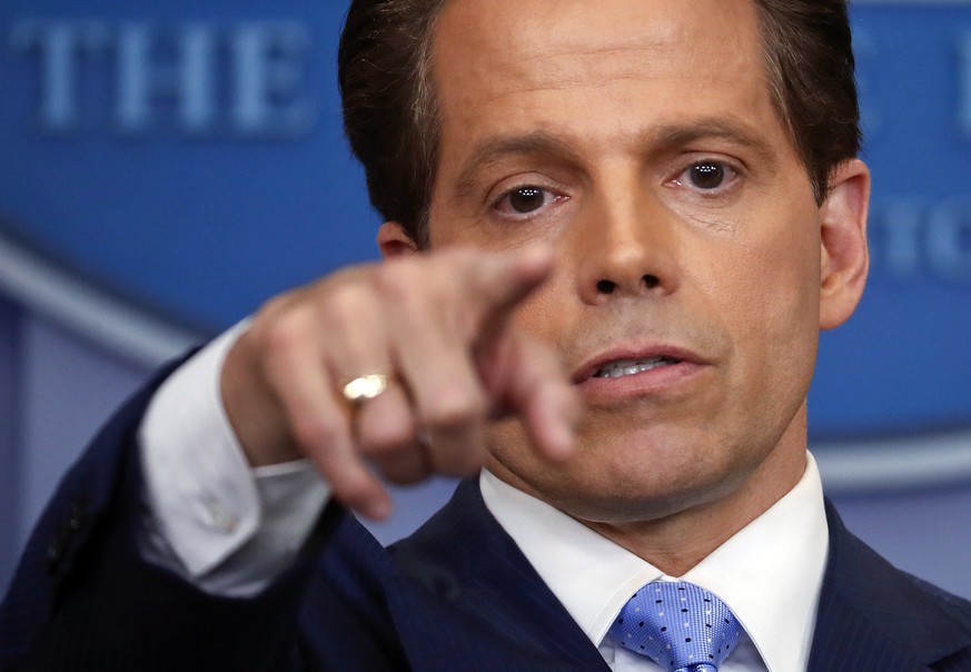 In this July 21, 2017 photo, incoming White House communications director Anthony Scaramucci points as he answers questions from members of the media during the press briefing in the Brady Press Brief ...