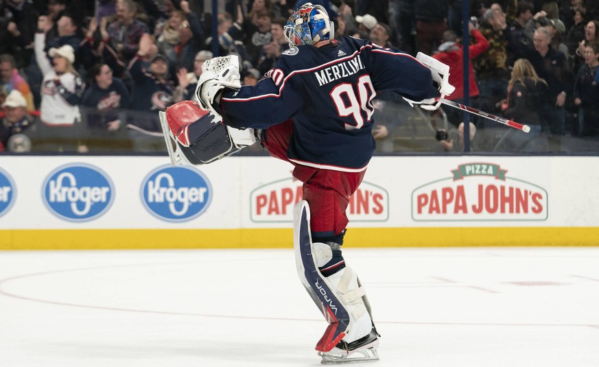 COLUMBUS, OH - FEBRUARY 04: Columbus Blue Jackets goaltender Elvis Merzlikins 90 celebrates a shut out victory after the game between the Columbus Blue Jackets and the Florida Panthers at Nationwide A ...