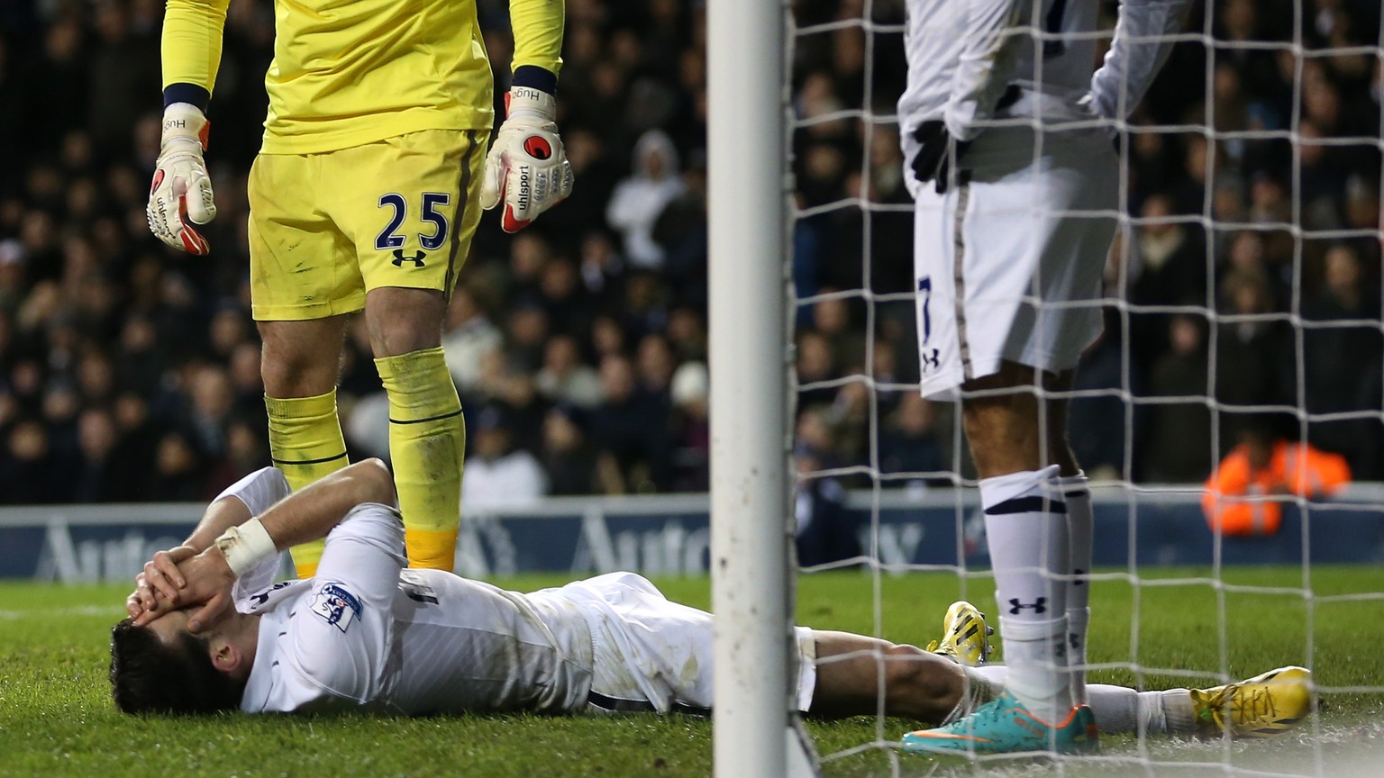 LONDON, ENGLAND - NOVEMBER 28: Hugo Lloris of Tottenham Hotspur looks to Gareth Bale of Tottenham Hotspur who lies on the floor after scoring an own goal during the Barclays Premier League match betwe ...