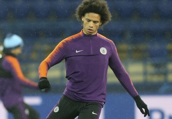Manchester City midfielder Leroy Sane attends a training session ahead of the Group F Champions League soccer match between Manchester City and FC Shakhtar Donetsk in Kharkiv, Ukraine, Monday, Oct. 22 ...