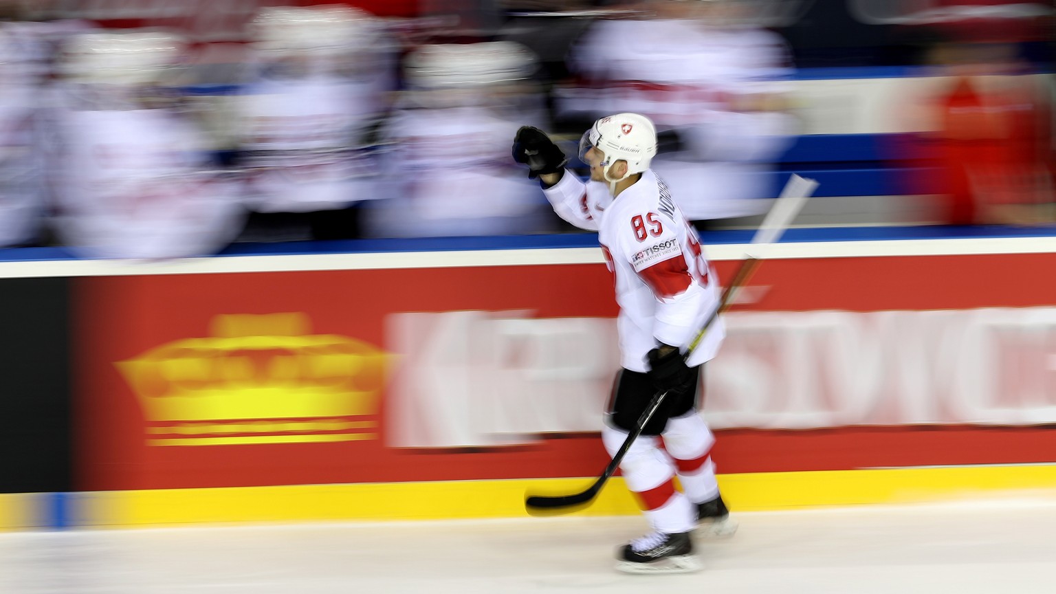 epa07594539 Sven Andrighetto of Switzerland celebrates his goal with teammates during the IIHF World Championship quarter final ice hockey match between Canada and Switzerland at the Steel Arena in Ko ...