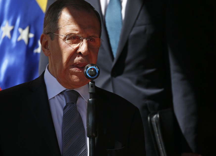 Russia&#039;s Foreign Minister Sergey Lavrov speaks to journalists at Miraflores presidential palace in Caracas, Venezuela, Friday, Feb. 7, 2020. Lavrov is visiting Venezuela in a show of support for  ...