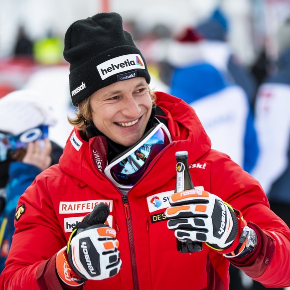 Marco Odermatt of Switzerland celebrates after the men&#039;s Giant Slalom race at the FIS Alpine Skiing World Cup finals, in Parpan-Lenzerheide, Switzerland, Saturday, March 20, 2021. (KEYSTONE/Jean- ...
