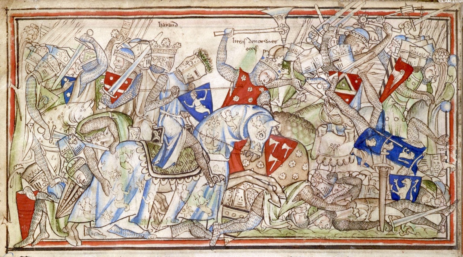 Die Schlacht von Stamford Bridge, dargestellt in der Vita Eduards des Bekenners aus dem 13. Jahrhundert.
https://de.wikipedia.org/wiki/Schlacht_von_Stamford_Bridge#/media/Datei:Battle_of_Stamford_Brid ...