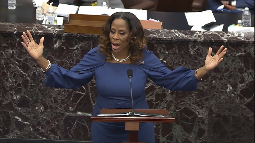 In this image from video, Del. Stacey Plaskett, D-Virgin Islands, speaks during the second impeachment trial of former President Donald Trump in the Senate at the U.S. Capitol in Washington, Wednesday ...