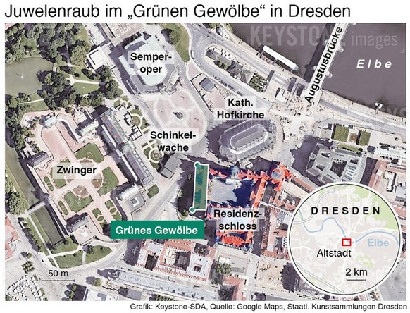 GRAFIK --- Karte: Lage des Gruenen Gewoelbes in Dresden (110 X 83mm quer) vom Montag, 25. November 2019 (KEYSTONE/Gerhard Riezler)