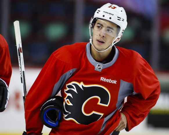 Calgary Flames&#039; Johnny Gaudreau skates with the team during a practice session in Calgary, Alberta, Tuesday, Oct. 11, 2016. The Flames announced on Monday that the club and Gaudreau have agreed t ...