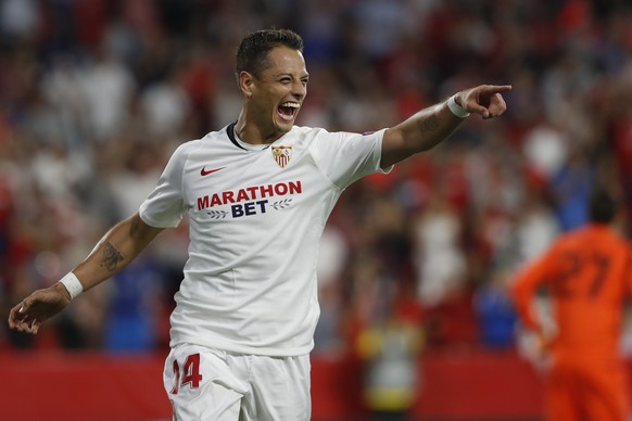 FILE - In this Oct. 3, 2019, file photo, Sevilla&#039;s Javier Hernandez celebrates after scoring his side&#039;s opening goal during a Europa League group A soccer match against APOEL Nicosia at the  ...