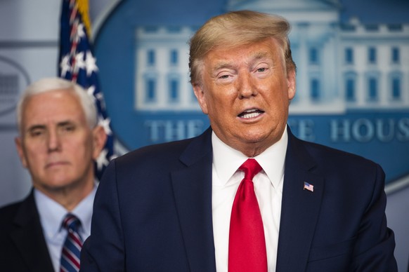 epa08314287 US President Donald J. Trump speaks during a press conference on the Coronavirus crisis in the Brady Press Briefing Room of the White House in Washington, DC, USA, 21 March 2020. Trump ann ...
