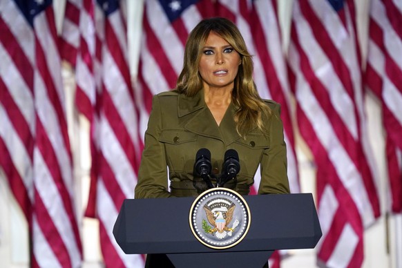 First lady Melania Trump speaks on the second day of the Republican National Convention from the Rose Garden of the White House, Tuesday, Aug. 25, 2020, in Washington. (AP Photo/Evan Vucci)
Melania Tr ...
