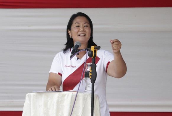 Presidential candidate Keiko Fujimori of the Popular Force party speaks at the start of a presidential debate in Chota, Peru, Saturday, May 1, 2021. Second round candidates Pedro Castillo of the Free  ...