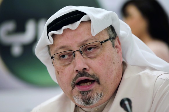 FILE - In this Dec. 15, 2014, file photo, Saudi journalist Jamal Khashoggi speaks during a press conference in Manama, Bahrain. Saudi state media said Thursday, Jan. 3, 2019, that suspects in the slay ...