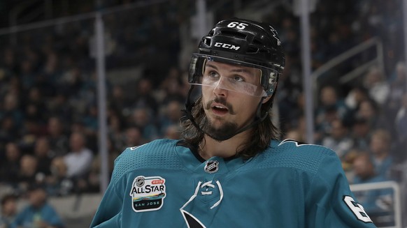 FILE - In this Oct. 3, 2018, file photo, San Jose Sharks defenseman Erik Karlsson, from Sweden, watches during a break in the second period of an NHL hockey game against the Anaheim Ducks in San Jose, ...