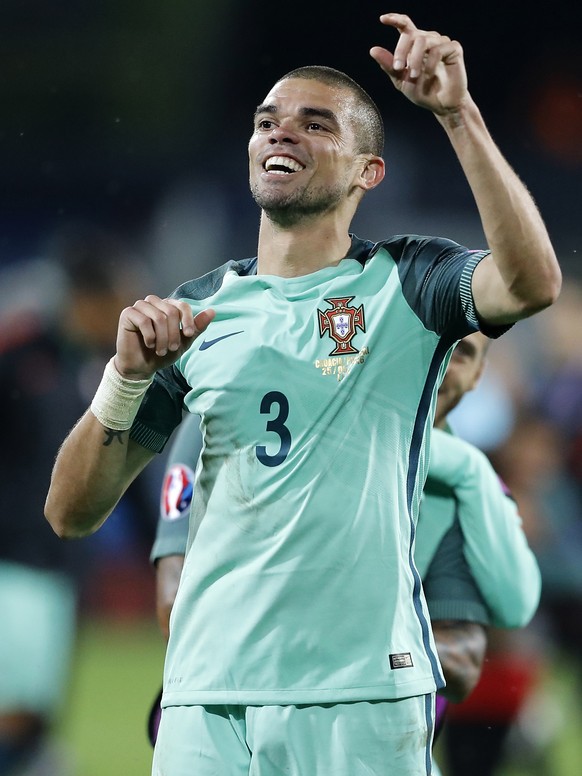 Portugal&#039;s Pepe celebrates at the end of the Euro 2016 round of 16 soccer match between Croatia and Portugal at the Bollaert stadium in Lens, France, Saturday, June 25, 2016. Portugal won 1-0. (A ...