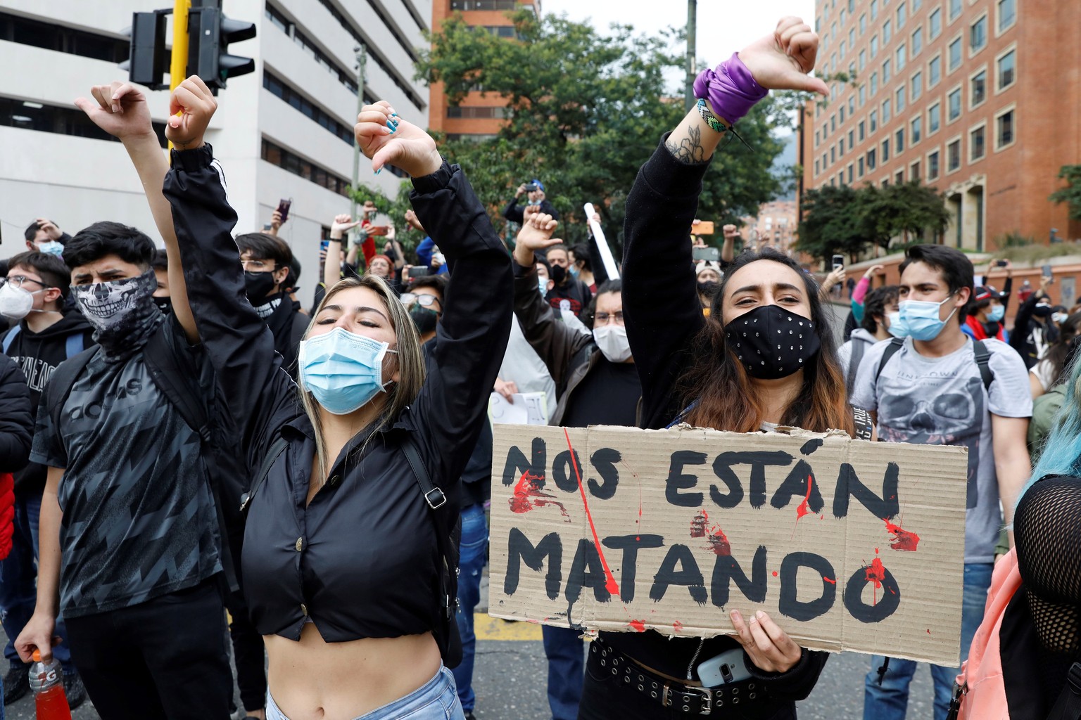 epa09178029 Students join the protesters who march through the streets, during a new day of protests in Bogota, Colombia, 04 May 2021. Tension reigns in the streets of Colombia due to the protests tha ...