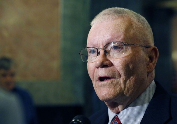 FILE - In this March 18, 2015, file photo, former astronaut Fred Haise, speaks to reporters after being honored by the Mississippi House and Senate in Jackson, Miss. With the death of John Glenn, the  ...