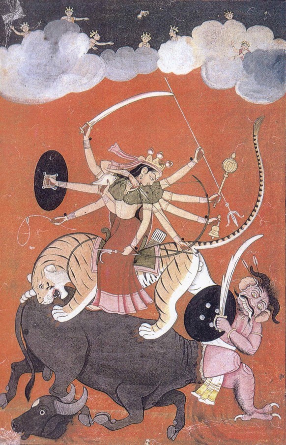 Durga – hier auf einem Tiger reitend – bekämpft den Büffeldämon Mahisasur, die Verkörperung aller niederen Triebe; Miniaturmalerei aus dem 18. Jahrhundert.
