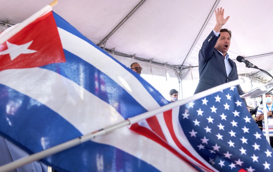 epa09141978 Florida&#039;s Governor Ron DeSantis attends the 60th anniversary of the Bay of Pig Invasion&#039;s ceremony at the Monument of the Brigade 2506 Air Force at the Miami Executive Airport in ...