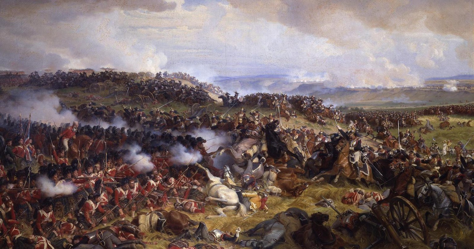 Die Schlacht von Waterloo: Die Briten erwarten den Angriff der französischen Kürassiere, gemalt von Félix Henri Emmanuel Philippoteaux, 1874.
https://collections.vam.ac.uk/item/O133043/the-battle-of-w ...