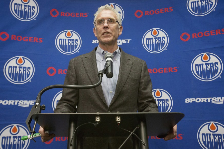 Edmonton Oilers General Manager Craig MacTavish speaks about the firing of head coach Dallas Eakins in Edmonton, Alberta, Monday Dec. 15, 2014. (AP Photo/The Canadian Press, Jason Franson)