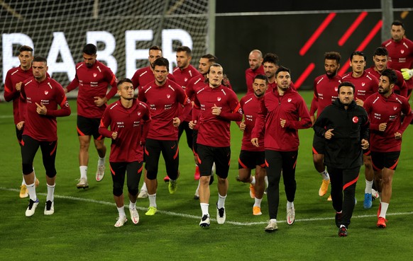 epa08725061 Turkey players attend a training session at the Rheinenergiestadion in Cologne, Germany, 06 October 2020. Turkey will face Germany in an international friendly soccer match on 07 October 2 ...