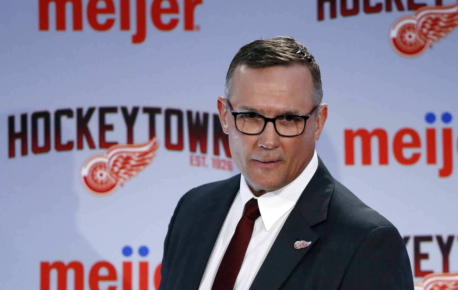 FILE - In this April 19, 2019, file photo, Steve Yzerman walks into the news conference where he was introduced as the new executive vice president and general manager of the Detroit Red Wings NHL hoc ...
