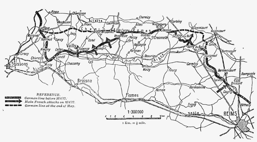 Französische Geländegewinne in der Aisne-Offensive April/Mai 1917. 
https://de.wikipedia.org/wiki/Schlacht_an_der_Aisne_(1917)#/media/Datei:French_territorial_gains_on_the_Aisne,_Nivelle_Offensive,_Ap ...