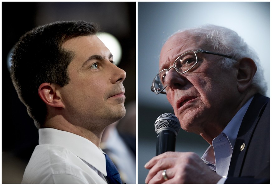 This combination of Jan. 26, 2020, photos shows at left, Democratic presidential candidate former South Bend, Ind., Mayor Pete Buttigieg on Jan. 26, 2020, in Des Moines, Iowa; and at right Democratic  ...